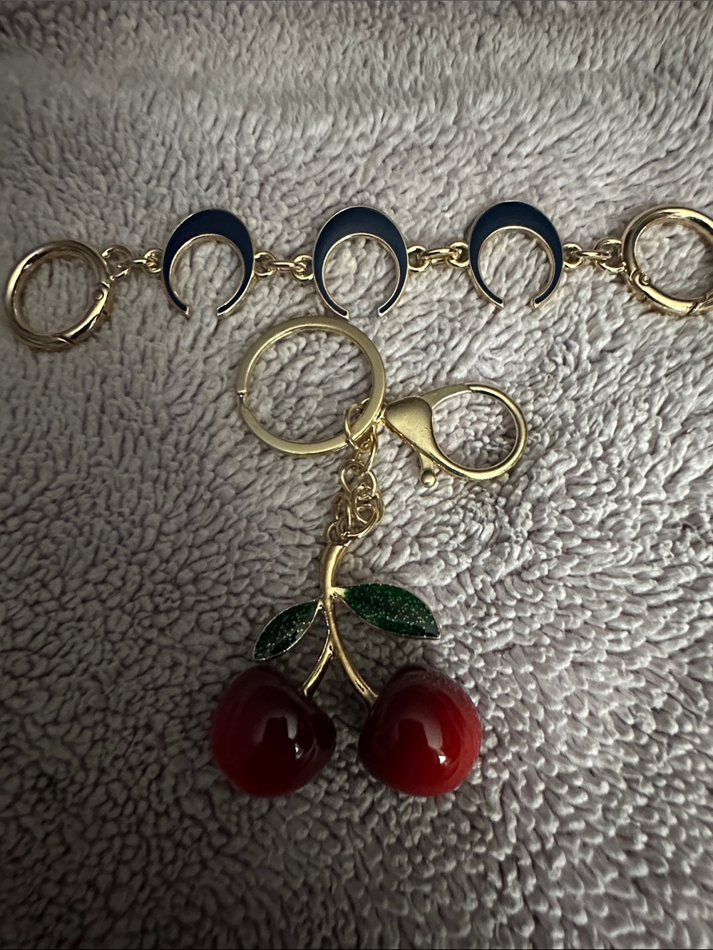 Gold Cherry Keychain with Red Enamel Cherries
And bag extender